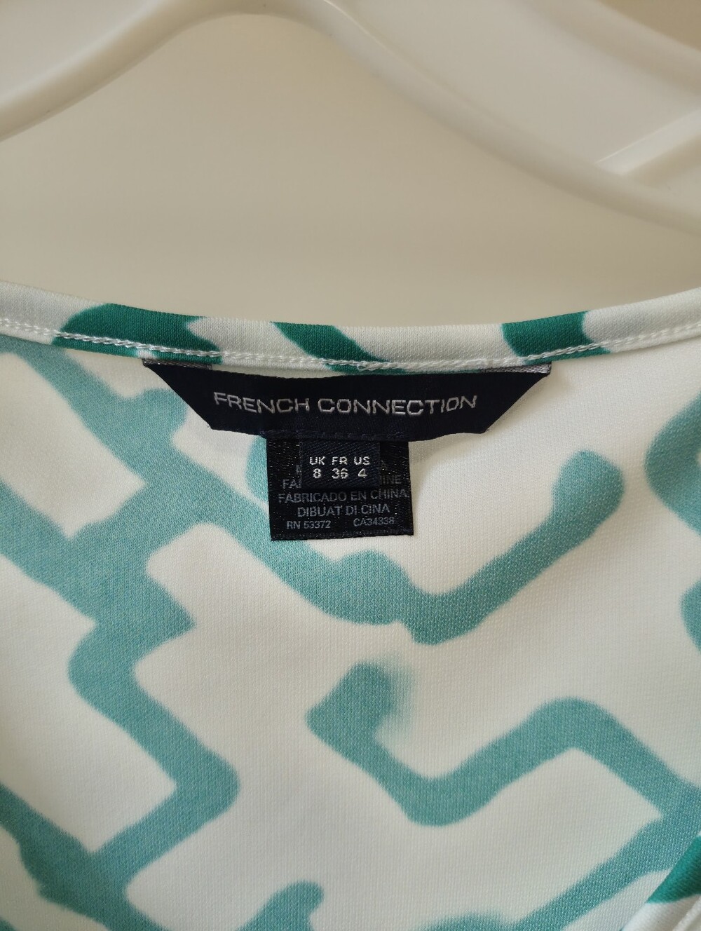 French Connection Geo Print Fit & Flare Dress 3/4 Sleeve Tie Green White US 4 - Picture 4 of 6